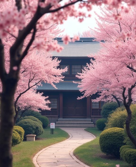 桜の木の下で伝統的な旅館を眺める旅行者