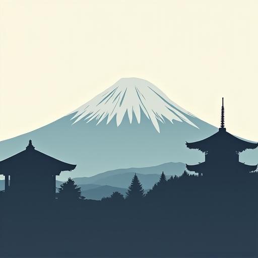 日本の伝統的な寺院の屋根のシルエットと富士山