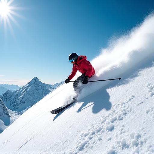 雪に覆われた山をスキーで滑降する人