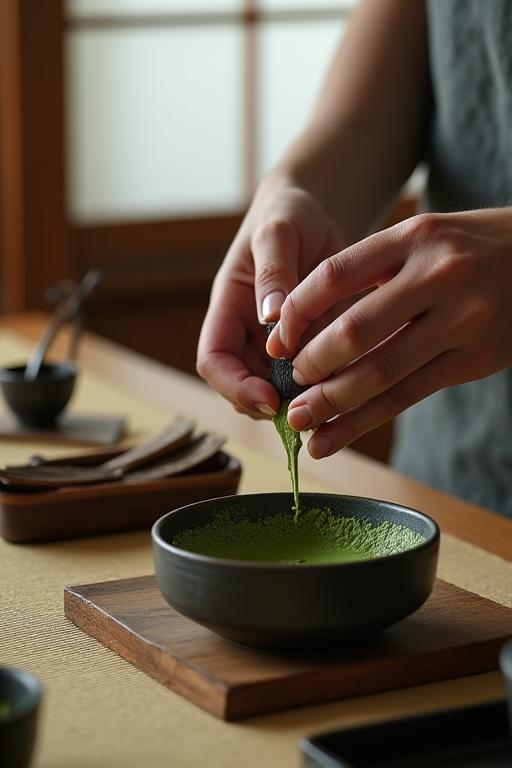 伝統的な茶室で抹茶を点てる手がアップ